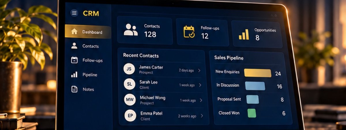 Laptop showing an illustrative CRM dashboard