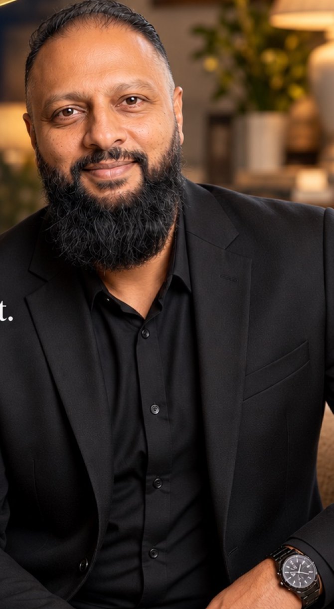 Justin Vandayar, founder of Altiora, seated in a black suit