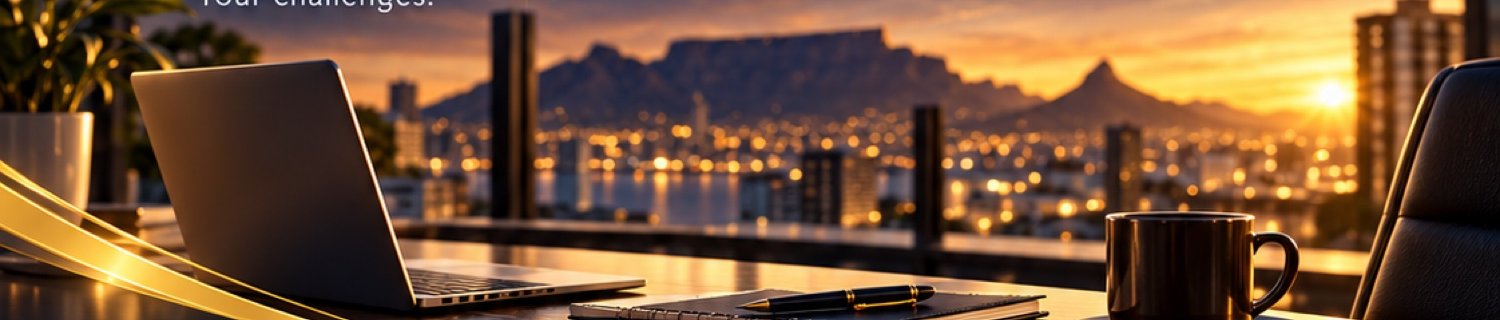 Modern office desk overlooking Table Mountain at sunset