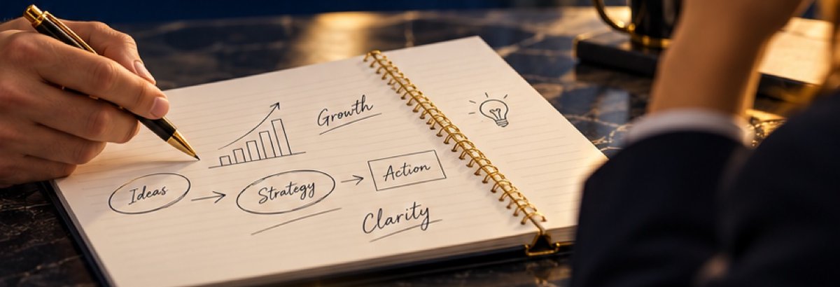 A business owner sketching growth, strategy and action ideas in a notebook