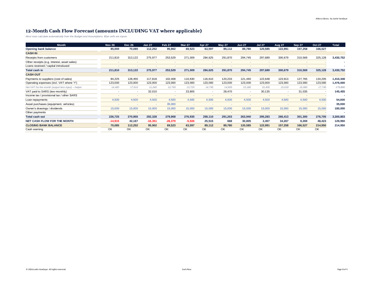Preview page 3 of Budget & 12-Month Cash Flow Spreadsheet